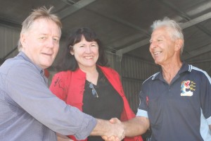 Cr Mark McDonald and Acting Mayor, Rae Gate, congratulate Jim George and the Fishing Club