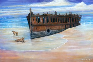 Owen Pointon's painting Dingoes guard the wreck is on display on Fraser Island