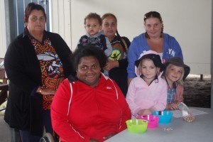 Karen Kennedy, Phyllis and Shemar Kissier, Nikki and Jacinta Kennedy from the Tin Can Bay School Indigenous Parent Group ready to show Lily and Jahli beading