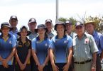 Rainbow Beach RSL Sub Branch members Bob Bliss, Trevor Ansell, John Molkentien, Pat Nayler OAM, Len Vickery, with (front) Rainbow Beach State School students Archie Gilmore, Charlie Kingsley, Ruby Falconer, Annie White and President Joe Casey after the 2016 Remembrance Day service