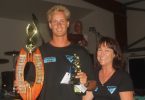 Ryan Cozens is presented with the original Robert Pryde Open Perpetual trophy by Robert's sister, Lyn Hourn