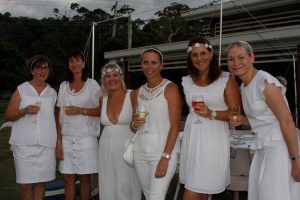 White for a night: Therese Young, Cate White, Tuppy Modin, Fiona Worthington, Beck Emery and Tanya Beech 