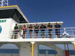 When they left Fraser Island, Dan Street, Peter Street, Brett Beauclerc, Scott Reibel, Dave Crowe, Brett Wilkes and Kevin Reibel had good reason to smile after several attempts the trawler was back at sea Image Anita Street