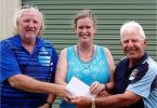 Margie Moore and Mark Wotherspoon of TCB won First Prize in the Club’s Raffle are presented with a cheque for $1000 by President, Jim George
