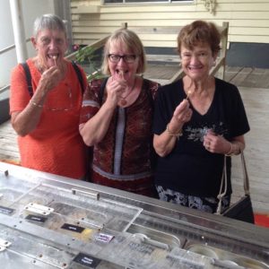 Lil Kahl, Therese Skuthorpe and Margaret Beaufoy tasting a selection of cheeses and yoghurts in Kenilworth