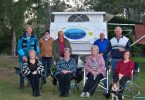 Cooloola Coasters’ at their recent Kilkivan Bush Camp: Ian and Coral Gibbins, Sid Fountain, Jim and Joan Smith, Pam Russell, Harold Turnbull, Graeme Wigley - President, Suzanne Fountain with Jett the dog