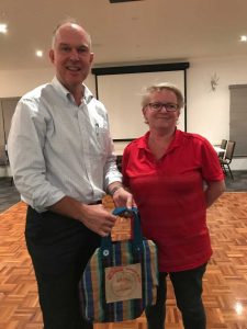 Barb Rees gave MP Tony Perrett his own Boomerang Bag at the last RBCT meeting, where members voted to auspice Rainbow Beach Boomerang Bags to assist them seeking grants 