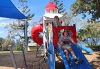 Reuben and Max O'Brien from Maryborough try out the new play equipment at Phil Rogers Park
