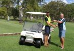 Dustin Carne, the new greenkeeper at Tin Can Bay Country Club, is welcomed by Mick Hall, who retired from the role after 25 years service