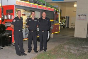 Three of the local firefighters, Ivan Thrash, Liam Gray and Geoff Cochrane, who meet every Tuesday night at the Rainbow Beach Station to maintain and upkeep the equipment and train