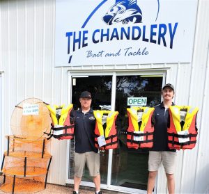 Chris Rippon and Mitchell Cooper from the Chandlery helped supply Sailability with ten new life jackets 