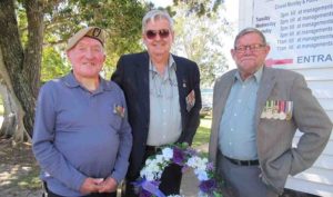 Ray Brown in SASR Beret, Peter Gilfoyle and Tin Can Bay RSL Sub branch President Don Holland at the Vietnam Vietnam's commemoration service