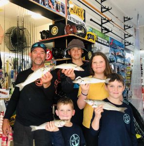 Dad Simon and tribe (oldest to youngest): Jye, Sophie, Luke and Cooper with catches at last year’s Annual Gardiner Fisheries Whiting Competition