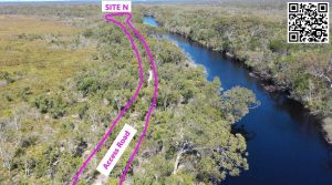The glamping site on the Noosa River near canoe camp 3. The site will contain six glamping tent structures, communal eating and cooking areas, water tanks, solar panels, holding tanks for sewage, back-up diesel generator and a fuel storage bund, A public walking trail will have to be replaced with a road for heavy service vehicles, including a bridge over the creek that drains the fens at left. The entire site was burnt by wildfire in the summer of 2019/20. This site is only one of five sites proposed to be built inside the national park.