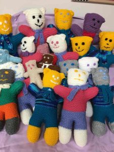 Newly knitted Trauma Teddies waiting to go to hospital