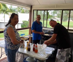 Tezza, son Matt, and Gail having fun at the RSL’s Drop-in Sausage Sizzle