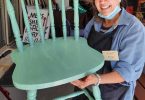 Jessa has been turning out three two-piece sets of vivid white, sea green, and pumpkin orange chairs for your dining enjoyment!