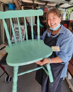 Jessa has been turning out three two-piece sets of vivid white, sea green, and pumpkin orange chairs for your dining enjoyment!
