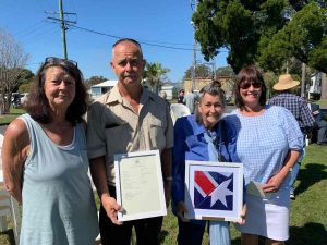 L-R Sue Nayler, Mel Backhouse, Jean Backhouse, and Daph Backhouse were presented with a framed Australian flag and Record of Service after the passing of Alan Backhouse, and his plaque was unveiled on the Memorial Wall along with the plaques of four others who have sadly passed this year.