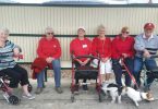 Jo, Chris, Judy, Joan, Val, and Albert and pups waiting to Wheelie Walk from the Cooloola Cove Shopping Centre bus shelter.