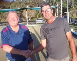 Tin Can Bay Country Club President Paul Downman (left) welcomes Greens Superintendent Craig Clarke
