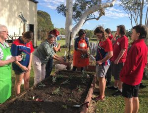 Tin Can Bay school students receiving gardening advice during the Country Kitchens ‘Sit Less Move More’ activity